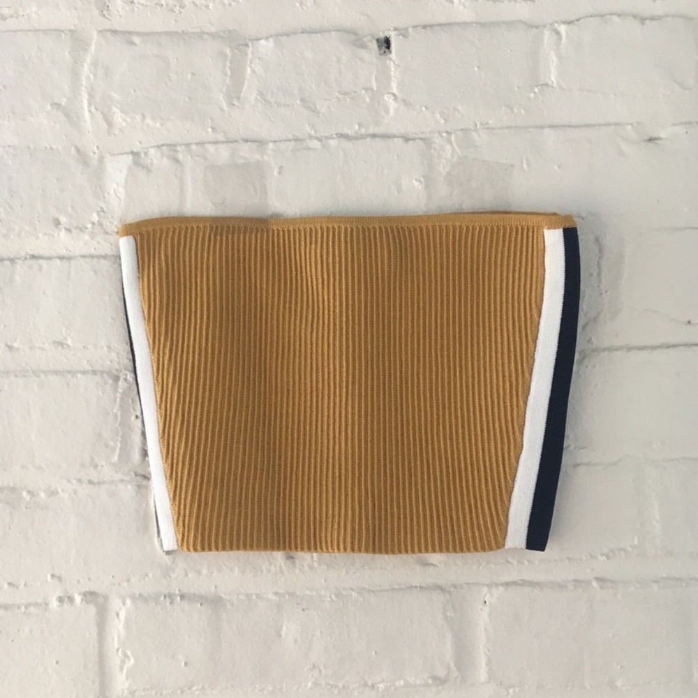 Aritzia Mustard Yellow Ribbed Strapless Crop Top with White and Navy Trim